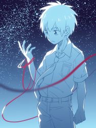 Rule 34 | 10s, 1boy, bad id, bad twitter id, blue background, clenched hand, gradient background, highres, kimi no na wa., looking down, male focus, monochrome, necktie, night, night sky, outdoors, red ribbon, ribbon, school uniform, short hair, simple background, sky, solo, spot color, star (sky), tachibana taki, uniform, wool bl