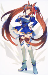 Rule 34 | 1girl, absurdres, animal ears, black leotard, blue skirt, boots, bow, breasts, brown hair, buttons, commentary request, daiwa scarlet (umamusume), double-breasted, frilled shirt, frilled skirt, frills, full body, garter straps, gold trim, hair between eyes, hair intakes, hair ornament, hair ribbon, hand on own hip, high heels, highres, horse ears, horse girl, horse tail, large breasts, legs apart, leotard, long hair, long sleeves, looking at viewer, mochoeru, red eyes, ribbon, shirt, sidelocks, simple background, skirt, smile, solo, striped, tail, tiara, twintails, umamusume, very long hair, white background, white footwear, white legwear, white skirt, wrist cuffs