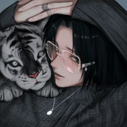 Rule 34 | 1boy, animal, animal on shoulder, bespectacled, black hair, casual, feitan portor, glasses, grey sweater, hands on own head, hands up, highres, hunter x hunter, interlocked fingers, jewelry, likeu 99, lips, long sleeves, looking at viewer, male focus, necklace, own hands together, parted lips, pendant, portrait, ring, short hair, sideways glance, skull ornament, sweater, tiger, tiger cub, turtleneck, turtleneck sweater, white-framed eyewear, white tiger