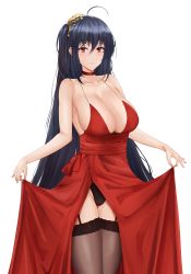 Rule 34 | 1girl, absurdres, antenna hair, armpit peek, azur lane, bare arms, bare shoulders, black hair, black panties, black thighhighs, blush, breasts, choker, cleavage, closed mouth, clothes lift, cocktail dress, collarbone, cowboy shot, dress, dress lift, garter straps, groin, hair between eyes, hair ornament, hairclip, highres, large breasts, lifting own clothes, long hair, looking at viewer, official alternate costume, one side up, panties, red choker, red dress, red eyes, sideboob, sidelocks, smile, solo, taihou (azur lane), taihou (forbidden feast) (azur lane), thighhighs, transparent background, underwear, user msak5472, very long hair