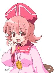 Rule 34 | 00s, 1girl, :d, behoimi, buttons, hair between eyes, hand to own mouth, hat, jewelry, long sleeves, necklace, o o, oekaki, onija tarou, open mouth, pani poni dash!, pink hair, pink shirt, red eyes, sailor collar, shirt, short hair, silhouette, simple background, smile, solo, star (symbol), upper body, white background
