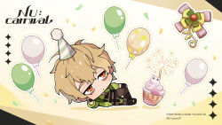 Rule 34 | 1boy, bags under eyes, balloon, birthday cake, blonde hair, cake, chibi, confetti, food, foodification, hat, highres, long sleeves, lying, male focus, nu carnival, official art, on side, orange eyes, party hat, quincy (nu carnival), short hair, topper (nu carnival)