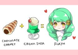 Rule 34 | 1girl, character name, chocolate cornet, closed mouth, english text, fire emblem, fire emblem: three houses, flayn (fire emblem), food, glass, green hair, hair ornament, heart, highres, nintendo, renkonmatsuri, simple background, smile, solo