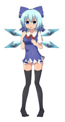 Rule 34 | 1girl, artist request, bad id, bad pixiv id, black thighhighs, blue eyes, blue hair, cirno, dress, female focus, full body, highres, kinakomoti, matching hair/eyes, no panties, no shoes, short dress, short hair, simple background, solo, standing, thighhighs, touhou, upright, white background, wings, zettai ryouiki