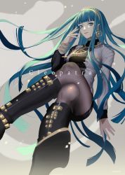 Rule 34 | 1girl, blue eyes, blue hair, boots, bracelet, character name, cleopatra (fate), earrings, fate/grand order, fate (series), hairband, highres, hoop earrings, inanome me, jewelry, long hair, looking at viewer, matching hair/eyes, pantyhose, ring, solo, very long hair