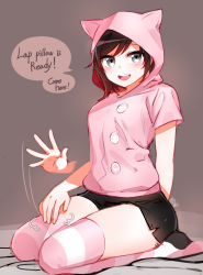 Rule 34 | 1girl, :d, afterimage, animal ears, black hair, blush, cat ears, english text, eyes visible through hair, full body, grey eyes, hair between eyes, hand on own thigh, hand on thigh, highres, hood, hoodie, lap pillow invitation, motion lines, multicolored hair, ndgd, no shoes, open mouth, pajamas, red hair, ruby rose, rwby, seiza, short hair, sitting, smile, solo, teeth, thighhighs, thighs
