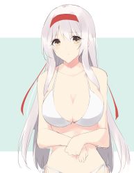 Rule 34 | 1girl, bare shoulders, bikini, blush, breasts, brown eyes, cleavage, hairband, kantai collection, large breasts, long hair, looking at viewer, red hairband, shoukaku (kancolle), silver hair, simple background, smile, solo, stardust-kun, swimsuit, upper body, white bikini