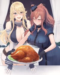 Rule 34 | 2girls, absurdres, anchor choker, bare arms, belt, black dress, black gloves, blonde hair, blue eyes, blush, breasts, brown hair, cleavage, closed eyes, collar, dress, elbow gloves, food, gloves, highres, iowa (kancolle), kantai collection, large breasts, long hair, metal collar, miniskirt, multiple girls, odachu, open mouth, ponytail, saratoga (kancolle), side ponytail, skirt, star-shaped pupils, star (symbol), symbol-shaped pupils, turkey (food)
