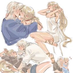 Rule 34 | 2girls, armlet, bare arms, bare legs, blonde hair, blue camisole, blue robe, blush, camisole, choker, closed eyes, commentary, denim, denim shorts, dress, dungeon meshi, elf, english commentary, falin touden, falin touden (tallman), feathers, grey hair, grey shirt, hand in own hair, heart, highres, kiss, long hair, marcille donato, multiple girls, pointy ears, red choker, robe, sandals, shirt, shorts, simple background, sleeveless, sleeveless dress, white background, white dress, white shirt, xian (nykopoi), yuri