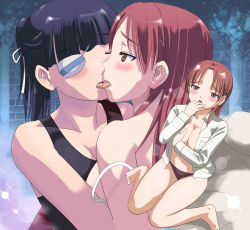 Rule 34 | 2girls, black hair, black panties, blush, breasts, closed eyes, eyepatch, grabbing own breast, hosoinogarou, kiss, large breasts, long hair, looking at another, minna-dietlinde wilcke, multiple girls, navel, no bra, panties, ponytail, red eyes, red hair, sakamoto mio, saliva, shirt, strike witches, tongue, tongue out, underwear, white shirt, world witches series, yuri