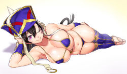 Rule 34 | 1girl, armpits, beads, bikini, black hair, blue bikini, blush, breasts, covered erect nipples, fate/grand order, fate (series), full body, gradient background, hair between eyes, hat, head rest, highres, large breasts, long hair, looking at viewer, lying, navel, on side, one eye closed, onsoku inu, purple eyes, sandals, shadow, shiny skin, simple background, smile, solo, swimsuit, thighhighs, vambraces, wristband, xuangzang sanzang (fate)