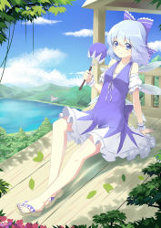 Rule 34 | 1girl, adapted costume, arm garter, arm support, bare legs, blue eyes, blue hair, blue nails, blue sky, bow, building, cirno, cloud, day, dress, hand fan, fingernails, hair bow, knee up, lake, leaf, looking at viewer, matching hair/eyes, mountain, nail polish, no socks, paper fan, platform, reclining, sandals, shore, short hair, sky, sleeveless, sleeveless dress, smile, solo, sonikey0 0, toenail polish, toenails, touhou, tree, uchiwa, wings, wrist cuffs