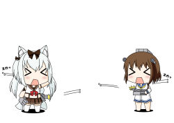 Rule 34 | &gt; &lt;, absurdres, animal ears, azur lane, bow, brown hair, carrying, cat ears, chibi, commentary request, crossover, firing, hair bow, hair ribbon, headgear, highres, historical name connection, kantai collection, kinoko (benitengudake), long hair, machinery, name connection, pleated skirt, ribbon, school uniform, serafuku, short hair, simple background, skirt, thighhighs, torpedo tubes, translation request, turret, twintails, white background, white hair, white legwear, yukikaze (azur lane), yukikaze (kancolle), zettai ryouiki