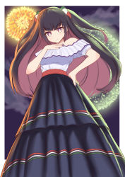 Rule 34 | &gt;:(, 1girl, absurdres, black hair, black skirt, blouse, blue nails, border, colored inner hair, dress, fireworks, flag print, from below, frown, gradient eyes, hand on own hip, hand on own chest, highres, hina misora, laitochris, layered skirt, long hair, mexican dress, mexican flag, mexico, multicolored eyes, multicolored hair, nail polish, night, night sky, off-shoulder dress, off-shoulder shirt, off shoulder, outside border, pink eyes, pink hair, red sash, sash, shirt, skirt, sky, solo, symbol-shaped pupils, two-tone hair, two side up, v-shaped eyebrows, virtual youtuber, wactor production, white border, white shirt, yellow eyes