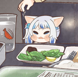 Rule 34 | 1girl, absurdres, animal ears, blue eyes, blue hair, blunt bangs, cat ears, commentary, cup, dated commentary, drinking glass, fork, gawr gura, highres, hololive, hololive english, leaf, meme, multicolored hair, open mouth, parody, same anko, sharp teeth, shrimp, solo focus, streaked hair, symbol-only commentary, table, teeth, twitter username, two-tone hair, virtual youtuber, water, white hair, woman yelling at cat (meme)