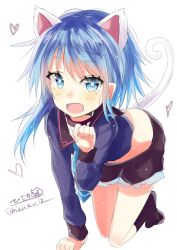 Rule 34 | 1girl, ahoge, animal ears, belt, black socks, blue eyes, blue hair, blue necktie, cat ears, cat tail, crescent, crescent pin, frilled shorts, frills, hair over shoulder, highres, hizaka, kantai collection, kemonomimi mode, kneehighs, long hair, minazuki (kancolle), navel, necktie, one-hour drawing challenge, paw pose, short hair with long locks, shorts, simple background, socks, solo, tail, white background