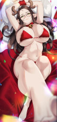 Rule 34 | 1girl, antlers, armpits, arms up, barefoot, bell, bikini, blueorca, blurry, blurry foreground, bound, bound wrists, breasts, brown hair, christmas, collar, confetti, elf, feet, foot up, fur-trimmed bikini, fur trim, glasses, green eyes, highres, horns, huge breasts, leg up, legs, long hair, looking at viewer, lying, mole, mole on arm, mole on breast, mole under mouth, navel, neck bell, on back, on bed, original, parted bangs, pillow, pointy ears, red bikini, red collar, red ribbon, ribbon, round eyewear, skindentation, smile, solo, stomach, swimsuit, toes, underboob