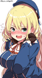Rule 34 | 1girl, ascot, atago (kancolle), beret, black gloves, blonde hair, blush, breasts, commentary request, flying sweatdrops, fur trim, gloves, hat, highres, kantai collection, laco soregashi, large breasts, long hair, looking at viewer, military, military uniform, one-hour drawing challenge, simple background, smile, solo, twitter username, uniform, upper body, white ascot, white background