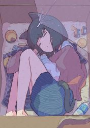 Rule 34 | 1girl, animal ears, barefoot, black hair, black tail, blue sailor collar, blue skirt, blunt bangs, bottle, box, can, canned food, cardboard box, cat ears, cat girl, cat tail, cattail, closed eyes, commentary request, fetal position, from above, highres, holding, in box, in container, long sleeves, lying, newspaper, norikoi, on side, original, parted lips, pet food, pinstripe pattern, pinstripe skirt, plant, plastic bottle, pleated skirt, sailor collar, school uniform, serafuku, shirt, short hair, signature, skirt, sleeping, sleeves past wrists, solo, striped clothes, striped skirt, tail, towel, transparent, transparent umbrella, umbrella, vertical-striped clothes, vertical-striped skirt, water bottle, white shirt