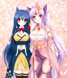 Rule 34 | 2girls, absurdres, animal ears, arm at side, black legwear, blue hair, blush, borrowed character, breasts, cleavage, clenched hand, espeon, forehead jewel, gem, gen 2 pokemon, hands together, hat, highres, interlocked fingers, jewelry, large breasts, long hair, looking at viewer, multiple girls, naiki karin, necklace, personification, pokemon, purple eyes, purple hair, red eyes, standing, typhlosion