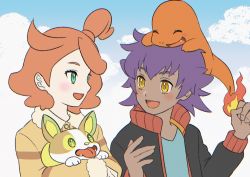 Rule 34 | 1boy, 1girl, :d, aged down, blush, bright pupils, buttons, charmander, cloud, commentary request, creatures (company), day, eye contact, eyelashes, fire, fire, flame-tipped tail, game freak, gen 1 pokemon, gen 8 pokemon, holding, holding pokemon, jacket, leon (pokemon), long sleeves, looking at another, nintendo, on head, open clothes, open jacket, open mouth, outdoors, pokemon, pokemon (anime), pokemon (creature), pokemon journeys, pokemon on head, pokemon swsh043, punico (punico poke), short hair, sky, smile, sonia (pokemon), tongue, yamper