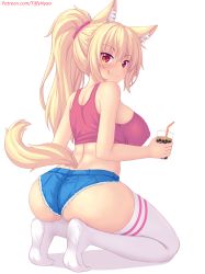 Rule 34 | 1girl, :p, animal ear fluff, animal ears, ass, blonde hair, blush, breasts, cat ears, cat tail, commentary, cutoffs, denim, denim shorts, english commentary, from behind, highres, kneeling, large breasts, long hair, looking at viewer, nottytiffy, original, ponytail, red eyes, short shorts, shorts, slit pupils, smile, solo, tail, tank top, thighhighs, tiffy (nottytiffy), tongue, tongue out, watermark, web address, white background, white thighhighs