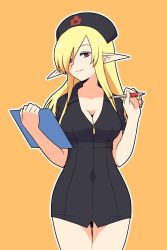 Rule 34 | 1girl, black dress, blonde hair, breasts, cleavage, clipboard, closed mouth, commentary request, covered navel, dress, hair over one eye, hands up, hat, highres, holding, holding pen, looking at viewer, medium breasts, muu (mumumer), neas (muu), nurse, nurse cap, orange background, original, outline, pen, pointy ears, purple eyes, short sleeves, simple background, smile, solo, white outline