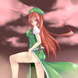 Rule 34 | 1girl, absurdres, aoi (concerto), aoi concerto, ass, blue eyes, braid, breasts, covered erect nipples, female focus, hat, highres, hong meiling, long hair, medium breasts, red hair, scar, side slit, solo, touhou, twin braids