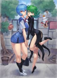 Rule 34 | 2girls, ayanami rei, black dress, black legwear, blue hair, breasts, chinese zodiac, crossover, curly hair, curvy, dress, fantasy, female focus, fence, flipped hair, floating, floating object, flying, food, green eyes, green hair, highres, hip focus, hose, large breasts, legs, levitation, loafers, looking at viewer, magic, mochi, mogudan, multiple girls, neon genesis evangelion, new year, one-punch man, pig, pot, psychic, red eyes, school uniform, shoes, short hair, side slit, skirt, small breasts, socks, standing, stone wall, tatsumaki, telekinesis, thick thighs, thighs, tree, wall, wide hips, year of the pig