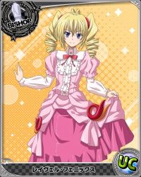 Rule 34 | 10s, 1girl, bishop (chess), blonde hair, blue eyes, card (medium), character name, chess piece, dress, drill hair, hair ornament, high school dxd, long hair, looking at viewer, official art, pink dress, ravel phenex, smile, solo, trading card