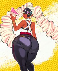 Rule 34 | 1girl, arms (game), ass, bracelet, braid, dark-skinned female, dark skin, domino mask, earrings, fingernails, from behind, green eyes, heart, highres, huge ass, jewelry, long fingernails, looking at viewer, looking back, mask, nintendo, paperrose, parted lips, red lips, red nails, solo, twin braids, twintails, twintelle (arms), white hair, wide hips, yellow background
