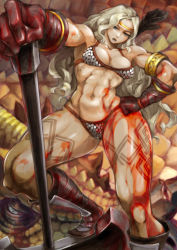 Rule 34 | 1girl, abs, amazon (dragon&#039;s crown), armlet, armor, bearclaw, bikini armor, blonde hair, boots, breasts, circlet, dragon, dragon&#039;s crown, feathers, gloves, green eyes, halberd, hand on hilt, long hair, muscular, muscular female, polearm, swimsuit, tattoo, thick thighs, thighs, weapon