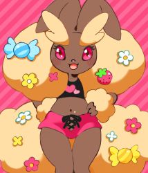 Rule 34 | 1girl, :3, animal ears, arm behind back, black shirt, blush, candy, clothed pokemon, creatures (company), crop top, female focus, flat chest, flower, food, fruit, furry, furry female, game freak, gen 4 pokemon, hair flower, hair ornament, hand on own hip, happy, heart, jpeg artifacts, lopunny, midriff, navel, nintendo, open mouth, pink background, pink eyes, pink flower, pink shorts, pokemon, pokemon (creature), rabbit ears, rororuru, shirt, short shorts, shorts, simple background, skindentation, smile, solo, standing, strawberry, striped, striped background, thigh gap, two-tone background, white flower, yellow flower