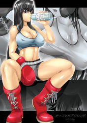 Rule 34 | 1990s (style), 1girl, alop-net, black eyes, black hair, boxing gloves, breasts, final fantasy, final fantasy vii, highres, large breasts, long hair, macto, solo, sporty, sweat, tifa lockhart, very long hair, water