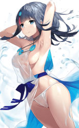 Rule 34 | 1girl, armpits, arms behind head, arms up, bare shoulders, black hair, blue eyes, blue ribbon, blush, breasts, closed mouth, collarbone, dress, fate/grand order, fate/requiem, fate (series), fundoshi, highres, japanese clothes, jewelry, looking at viewer, magatama, magatama hair ornament, medium breasts, medium hair, multicolored hair, necklace, pelvic curtain, pink hair, polearm, ribbon, short dress, sideboob, sideless outfit, sleeveless, sleeveless dress, smile, solo, sora 72-iro, spear, streaked hair, thighs, two-sided fabric, utsumi erice, water, weapon, white dress