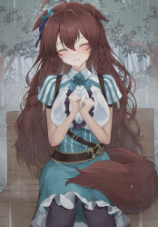 Rule 34 | 1girl, absurdres, ahoge, animal ears, bench, black bra, black pantyhose, blue flower, blue rose, blue skirt, bra, bra visible through clothes, braid, breasts, brown hair, center frills, closed eyes, collared shirt, commentary, commission, crying, ears down, facing viewer, feet out of frame, flower, frilled skirt, frills, gr greeze, hair between eyes, hands up, highres, horse ears, horse girl, horse tail, long hair, medium breasts, mejiro bright (umamusume), on bench, outdoors, own hands together, pantyhose, park bench, parted lips, puffy short sleeves, puffy sleeves, rabbit ears, rose, shirt, short sleeves, sitting, skirt, solo, tail, tears, tree, twin braids, umamusume, underwear, very long hair, wet, wet clothes, wet shirt, white shirt