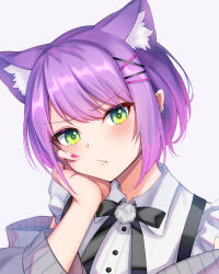 Rule 34 | 1girl, :t, absurdres, animal ear fluff, animal ears, aoi zerii, black bow, black bowtie, bow, bowtie, cardigan, cat ears, collared shirt, commentary, ear piercing, frilled shirt, frilled sleeves, frills, green eyes, grey cardigan, hair ornament, hairclip, hand on own cheek, hand on own face, head rest, highres, hololive, kemonomimi mode, looking at viewer, off shoulder, official alternate hair length, official alternate hairstyle, open cardigan, open clothes, piercing, pointy ears, pom pom (clothes), purple hair, shirt, short hair, short sleeves, solo, tokoyami towa, tokoyami towa (jirai kei), virtual youtuber, white shirt