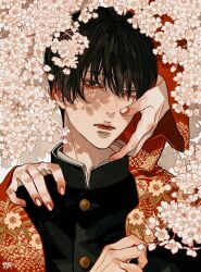 Rule 34 | 1boy, absurdres, black hair, black jacket, brown eyes, buttons, cherry blossoms, closed mouth, disembodied limb, fingernails, floral print, gakuran, hand on another&#039;s face, hand on another&#039;s shoulder, high collar, highres, jacket, japanese clothes, kagoya1219, kimono, long sleeves, looking at viewer, male focus, original, print kimono, red kimono, school uniform, short hair, signature, upper body
