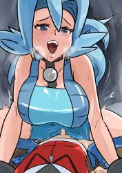 Rule 34 | 1boy, 1girl, bare shoulders, black choker, black shirt, blue bodysuit, blue eyes, blue footwear, blue hair, bodysuit, boots, bottomless, bouncing breasts, breasts, breath, censored, choker, clair (pokemon), cleavage, clothed sex, collarbone, creatures (company), drooling, earrings, erection, ethan (pokemon), eyelashes, furrowed brow, game freak, gem, grey background, gym leader, hair intakes, hetero, high heel boots, high heels, highres, jacket, jewelry, large breasts, long hair, looking at viewer, lying, momotanomiya, mosaic censoring, motion lines, nintendo, on back, open mouth, pearl (gemstone), penetration through clothes, penis, pokemon, pokemon hgss, red jacket, saliva, sex, shirt, small penis, solo focus, squatting cowgirl position, sweat, teeth, upper teeth only, vaginal, zipper pull tab