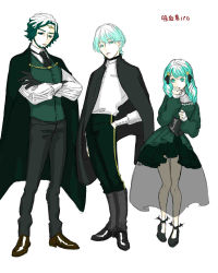 Rule 34 | 1girl, 2boys, alternate costume, ankle boots, boots, bow, byleth (fire emblem), byleth (male) (fire emblem), cape, crossed arms, dress, drill hair, family, father and daughter, fire emblem, fire emblem: three houses, flayn (fire emblem), green dress, green eyes, green hair, hair ornament, harouduuuu, long hair, matching hair/eyes, multiple boys, necktie, nintendo, pointy ears, see-through, see-through skirt, seteth (fire emblem), skirt, slit pupils, smile, vest