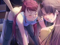 Rule 34 | 1boy, 2girls, alea, arm support, asao ren, bent over, blush, brown hair, caught, classroom, clenched teeth, clothed sex, clothes pull, doggystyle, closed eyes, forced to watch, game cg, ino (magloid), jpeg artifacts, long hair, multiple girls, niimi saya, panties, pants, pants pull, panty pull, ponytail, red hair, school, sex, sex from behind, striped, tank top, teacher, teeth, torso grab, underwear