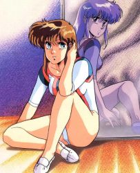 Rule 34 | 1980s (style), 1girl, aqua eyes, brown hair, cream lemon, hand to head, leotard, long hair, looking at viewer, looking back, mirror, official art, oldschool, parted lips, reflection, retro artstyle, sitting, solo, urushihara satoshi, white footwear, white shadow