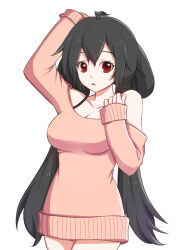 1girl ahoge black_hair bra_strap breasts cleavage commentary cowboy_shot highres large_breasts long_hair low_twintails off-shoulder_sweater off_shoulder orange_sweater original red_eyes resv1 sleeves_past_wrists solo sweater twintails very_long_hair