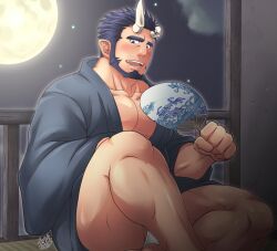 Rule 34 | 1boy, alternate costume, bara, beard, black hair, black kimono, blush, broken horn, bulge, calf, convenient leg, demon boy, demon horns, facial hair, fangs, feet out of frame, full moon, fundoshi, hand fan, holding, holding fan, horns, japanese clothes, kimono, live a hero, looking at viewer, male focus, male underwear, mature male, moon, muscular, muscular male, nessen (live a hero), night, night sky, pectoral cleavage, pectorals, revision, short hair, sky, solo, sunfight0201, thick eyebrows, thick thighs, thighs, underwear, white male underwear