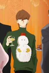 Rule 34 | 1boy, artist request, blue eyes, brown hair, cup, drinking glass, highres, kaiba seto, male focus, short hair, sweater, turtleneck, turtleneck sweater, ugly sweater, wine glass, yu-gi-oh!