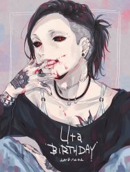 Rule 34 | 1boy, biting, black hair, black nails, black sclera, black shirt, blood, blood on face, blood on hands, blue pants, chest tattoo, collarbone, colored sclera, dated, ear piercing, finger biting, finger in own mouth, greek text, grey background, hand tattoo, highres, jewelry, kamu (simp3), long hair, long sleeves, looking at viewer, loose clothes, loose shirt, male focus, nail polish, neck tattoo, necklace, nose, o-ring, pants, piercing, plug (piercing), ponytail, punk, red eyes, shirt, sitting, solo, tattoo, tokyo ghoul, undercut, upper body, uta (tokyo ghoul)