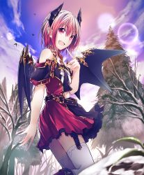 Rule 34 | 1girl, :d, artist request, bare shoulders, bare tree, belt, boots, cloud, cloudy sky, cygames, demon girl, demon horns, demon wings, fang, garter straps, gold trim, horns, lens flare, looking at viewer, miriam (shadowverse), open mouth, pointy ears, red eyes, red hair, red skirt, shadowverse, shingeki no bahamut, short hair, skirt, sky, smile, snow, spruce, thighhighs, tree, wings