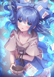 Rule 34 | 1girl, absurdres, bangle, blue background, blue bow, blue eyes, blue hair, blue skirt, blush, bow, bowl, bracelet, breasts, debt, drawstring, grey hoodie, hair between eyes, hair bow, highres, holding, holding stuffed toy, hood, hoodie, jewelry, long hair, looking at viewer, messiah &amp; crea, miniskirt, open mouth, parted lips, short sleeves, skirt, solo, stuffed animal, stuffed cat, stuffed toy, touhou, very long hair, yorigami shion