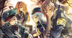 Rule 34 | 404 (girls&#039; frontline), 4girls, armband, assault rifle, bandana, beret, black bow, black gloves, black jacket, black ribbon, blonde hair, blue hat, blue jacket, blunt bangs, bow, bright pupils, brown eyes, brown hair, closed mouth, coat, commentary request, facial mark, fingerless gloves, g11 (girls&#039; frontline), girls&#039; frontline, gloves, grey hair, gun, h&amp;k ump, hair bow, hair ornament, hand up, hat, hk416 (girls&#039; frontline), holding, holding gun, holding weapon, jacket, knee pads, long hair, looking at viewer, multiple girls, neck ribbon, one side up, open clothes, open coat, outdoors, pantyhose, peaked cap, ribbon, rifle, scar, scar across eye, scar on face, siblings, sibyl, sisters, smile, twins, twintails, ump45 (girls&#039; frontline), ump9 (girls&#039; frontline), waving, weapon, weapon request