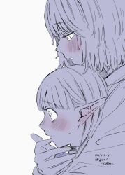 Rule 34 | 2girls, blush, choker, closed mouth, commentary request, dated, dungeon meshi, ear blush, elf, falin touden, falin touden (tallman), hand on another&#039;s face, highres, hug, hug from behind, long hair, marcille donato, monochrome, multiple girls, parted lips, pointy ears, short hair, spot color, sweatdrop, twitter username, upper body, yuri, yuri kyanon